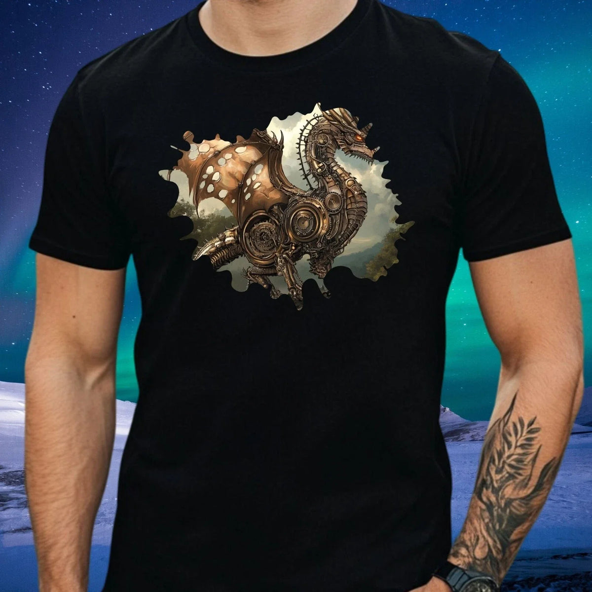 Mens Steampunk Dragon Motif Cotton T-Shirt Size XS to 5XL