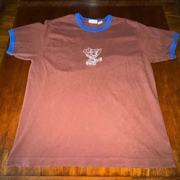 Obey Ringer T Shirt XL Brown Blue Skate Streetwear Graphic Tee