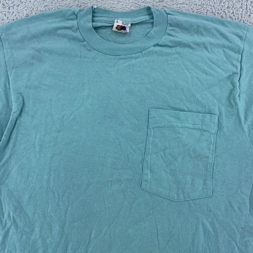 Vintage 90s Fruit of the Loom Blank Light Blue Pocket Shirt Mens Medium Tee USA