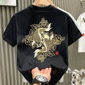 Men's Luxury Koi Fish Embroidered Cotton T-Shirt Casual Short Sleeve Slim Fit Te