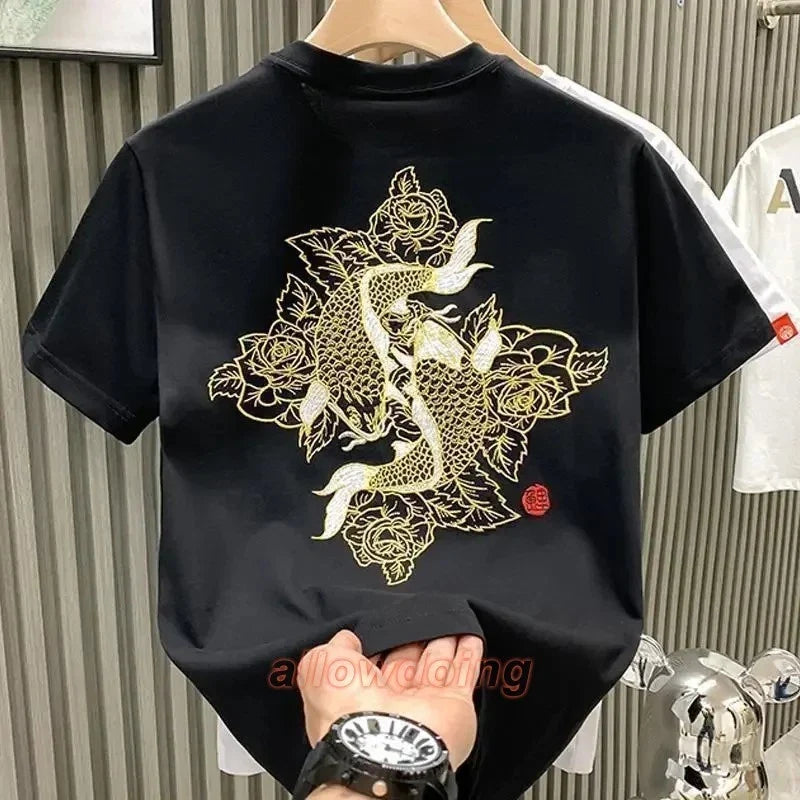 Men's Luxury Koi Fish Embroidered Cotton T-Shirt Casual Short Sleeve Slim Fit Te