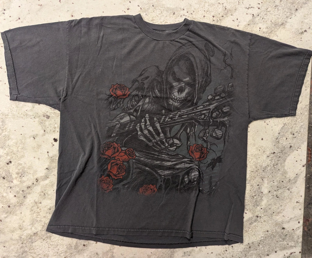 Y2K VTG Skeleton Guitar Roses Shirt Mens Blk XL Faded Goth Grunge Punk Emo