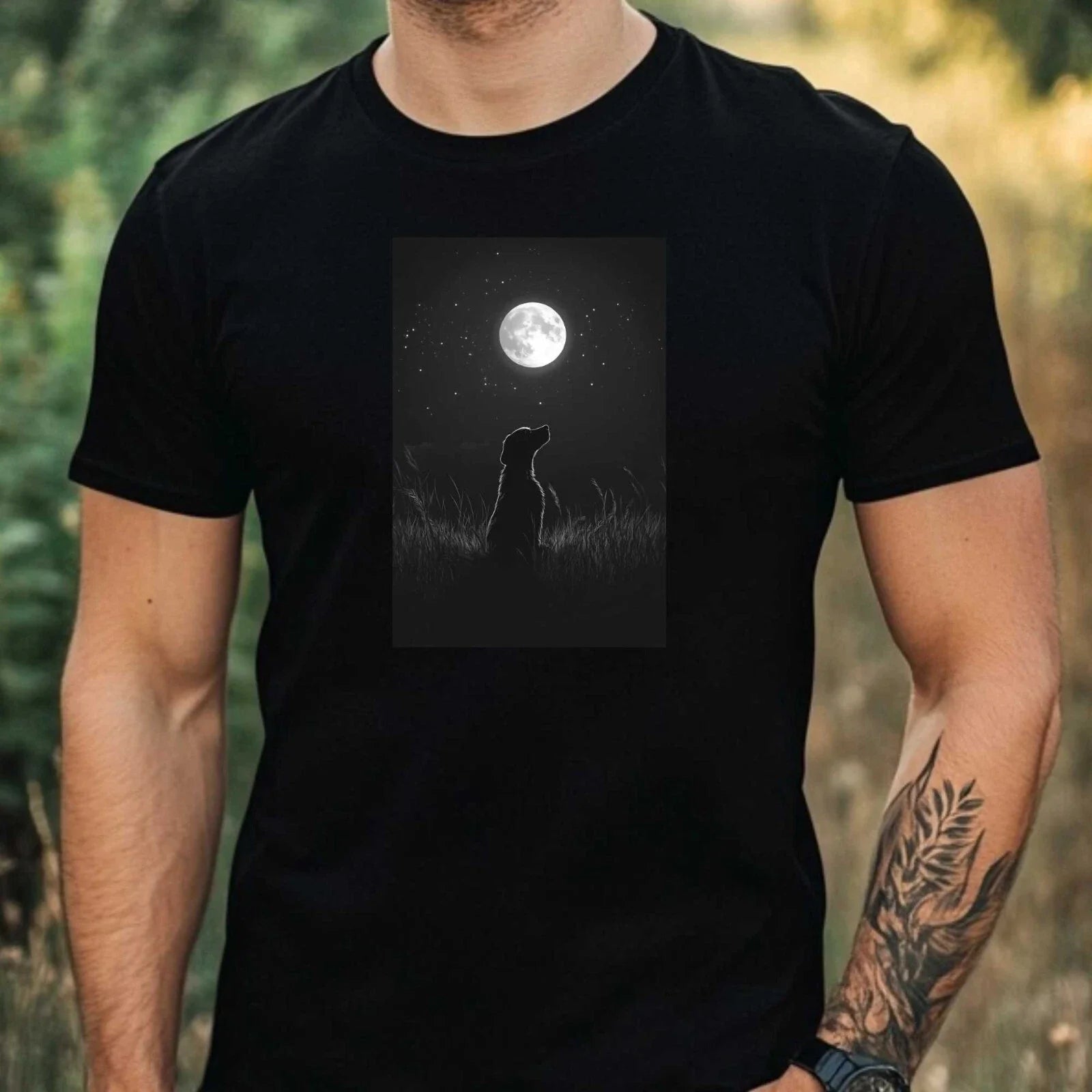 Men's T-Shirt Dog in the Moonlight Motif Cotton Size XS to 5XL