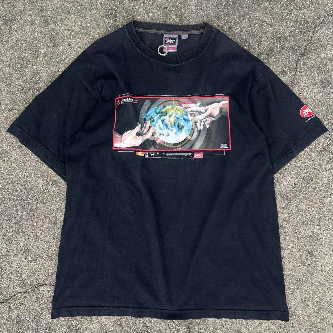JNCO Jeans Graphic T-Shirt Fade Black Y2K Street Style Size L