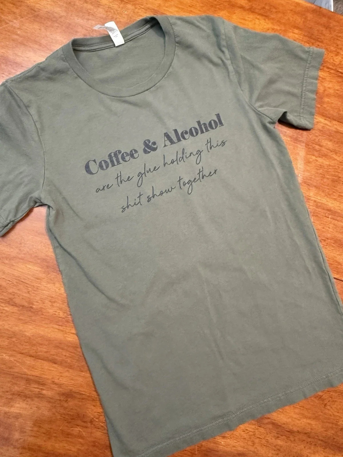 Bella Canvas Mens Small Olive Green Coffee & Alcohol Graphic T-Shirt S 0553