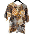 Vintage 70s Handmade Brown Patchwork Cotton Batik Short Sleeve Dashiki Shirt