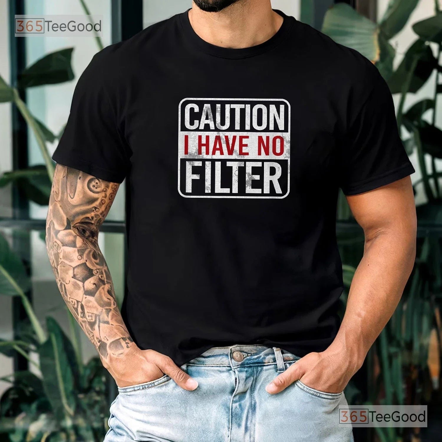 Caution I Have No Filter Shirt, Funny Sarcastic Humor Graphic Tee Men Women