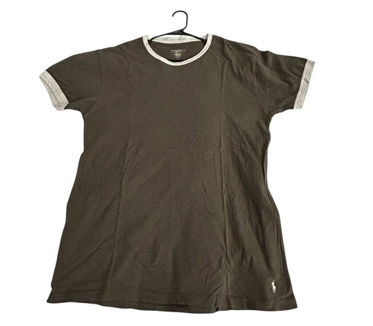 Vintage Y2K Ralph Lauren & Co. UNDERWEAR TEE Ringer T-Shirt OLIVE GREEN WHT PONY