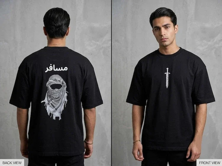 Premium Musafir & Al-Zaman Arabic Calligraphy Black Drop Shoulder T-Shirt