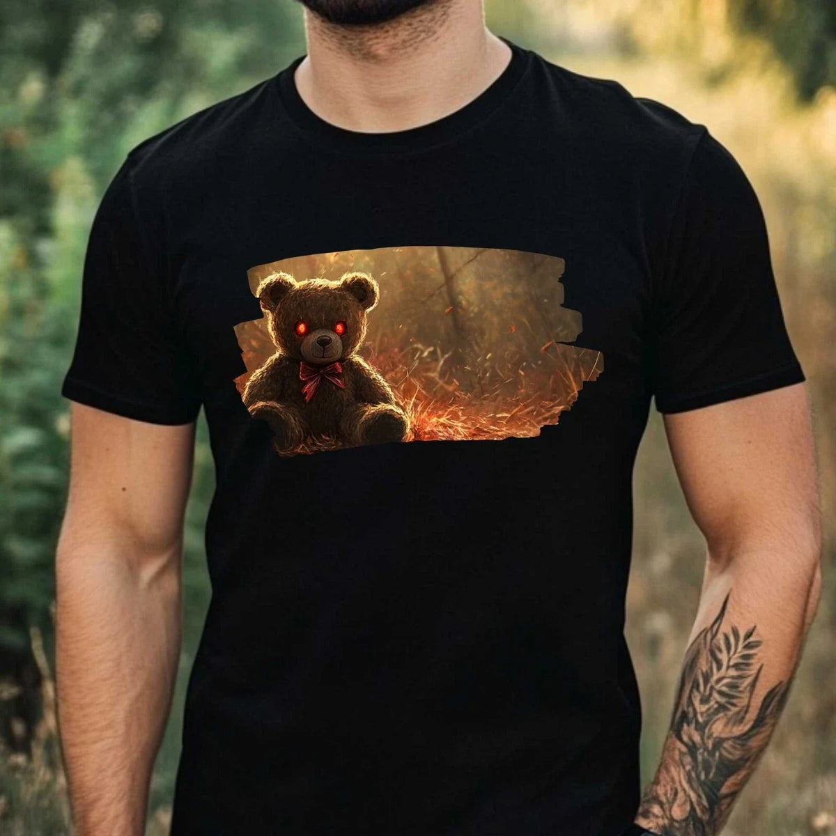 Mens Creepy Teddy Bear Print Cotton T-Shirt Size XS to 5XL