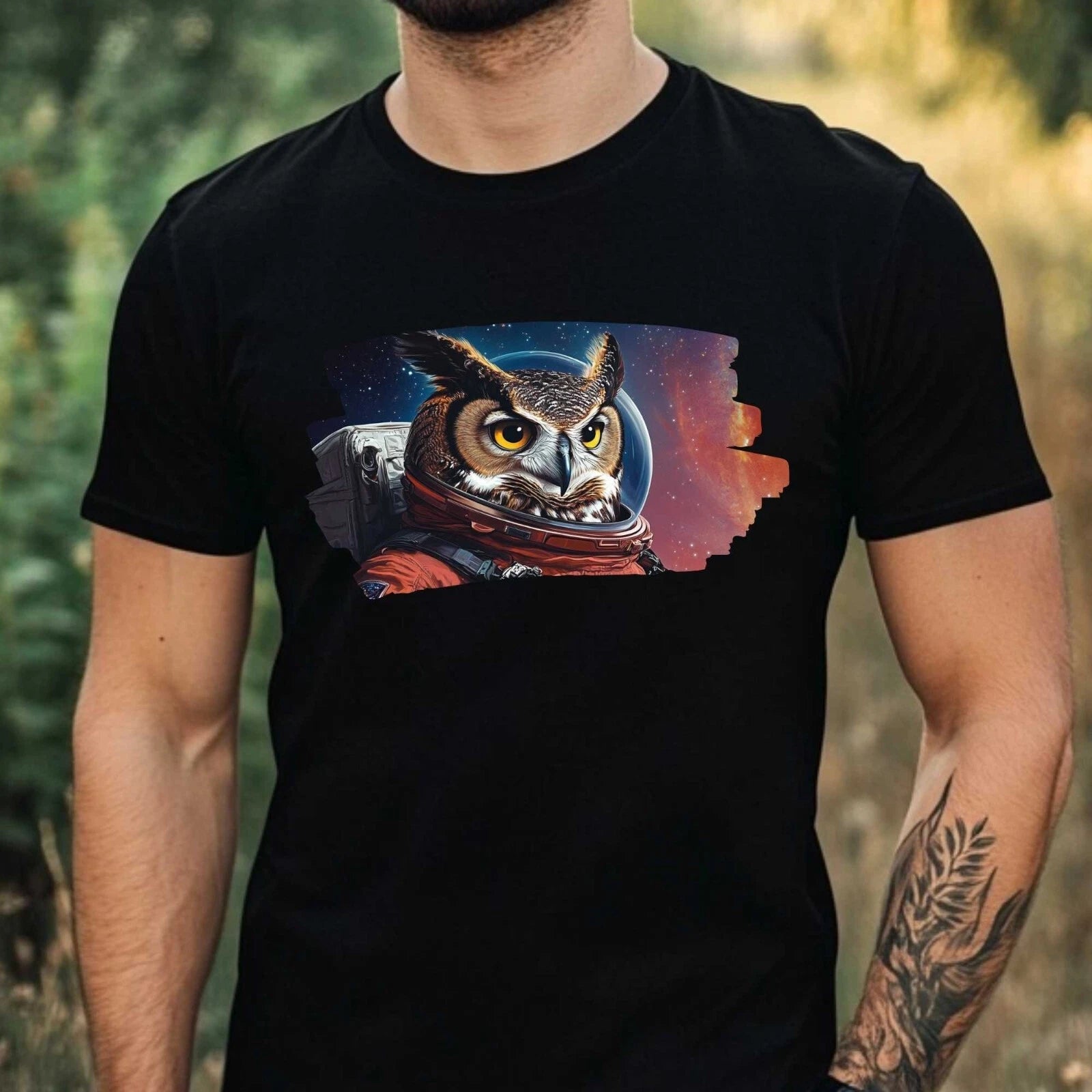 Mens Owl as Astronaut Print Cotton T-Shirt Size XS to 5XL