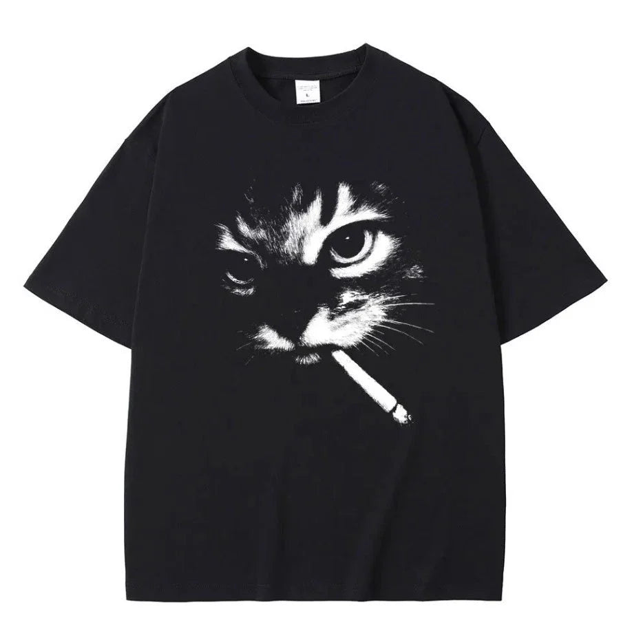 Funny Meme Smoking Cat Face Graphic T-shirt Men Women