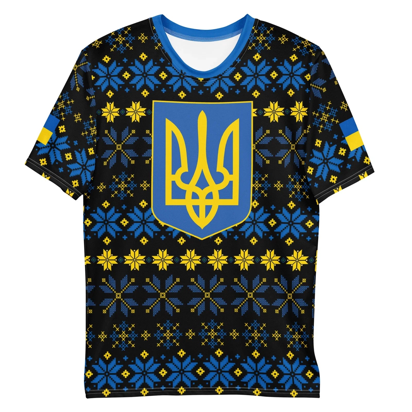 Ukraine Folk Art Pattern Men’s AOP T-Shirt, Trident & Flag Design