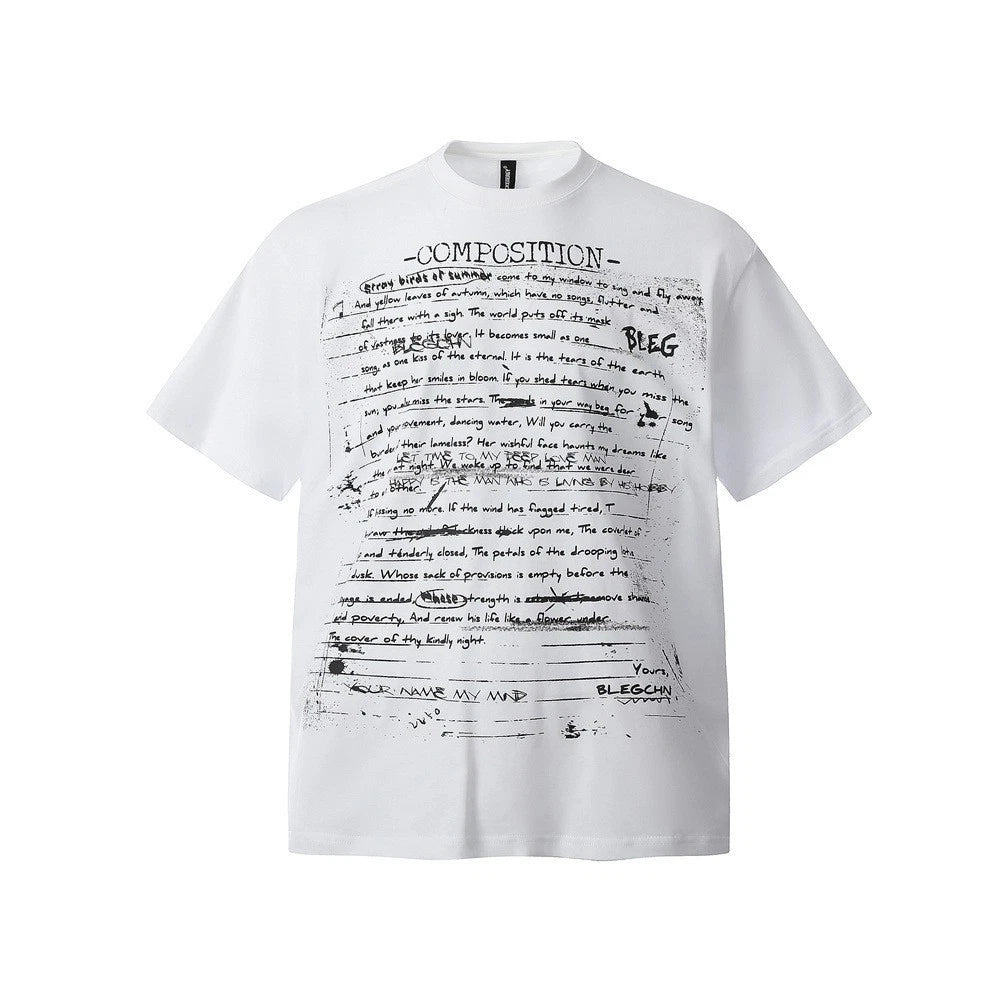 Men's Composition Letter Graphic T-Shirt Handwritten Streetwear Y2K Black White