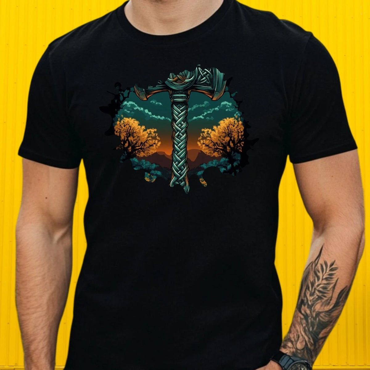 Mens Mjolnir Knot Hammer Motif Cotton T-Shirt Size XS to 5XL
