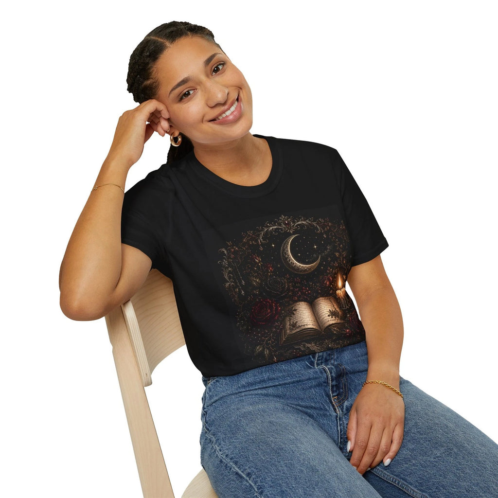 Mystic Moon and Open Book T-Shirt | Candlelight Gothic Illustration