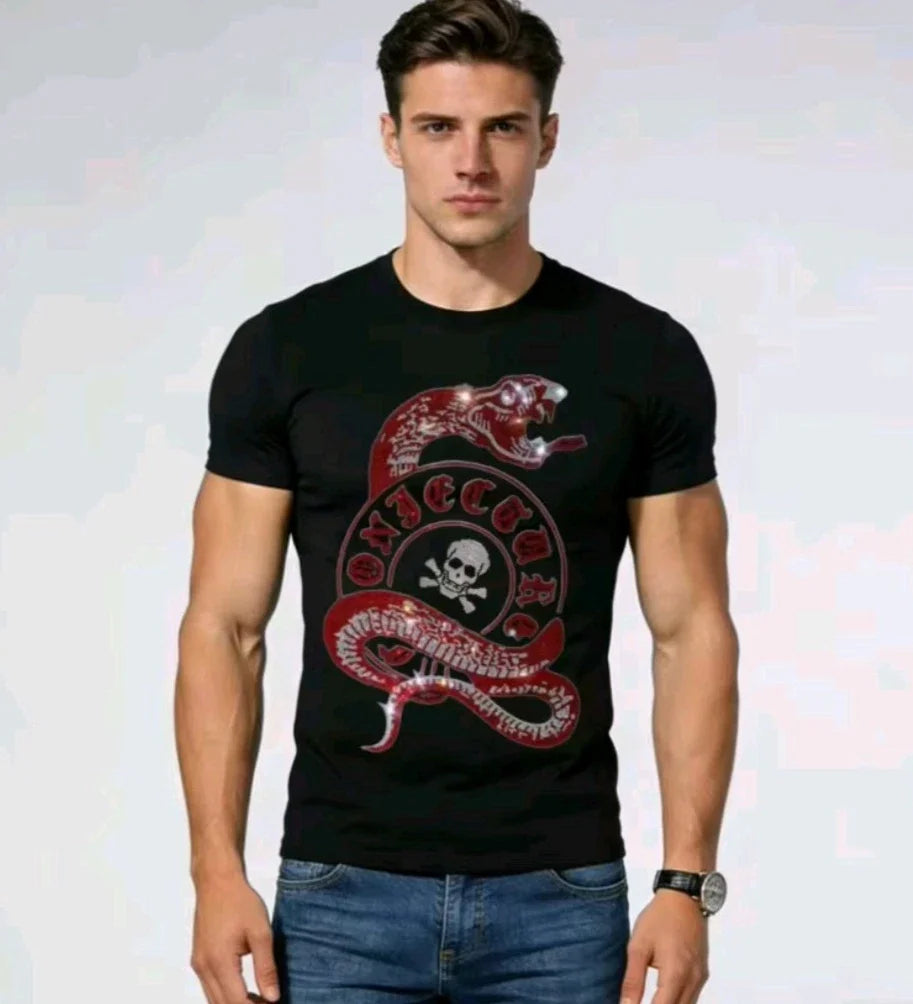 New Men Luxury Diamond Snake Rhinestones Fashion Gothic T-Shirt High Quality