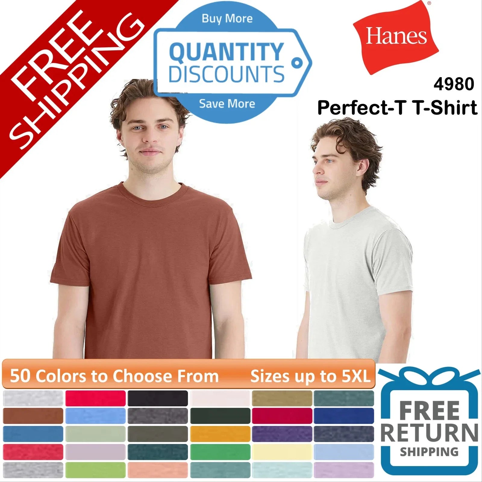 🔥 Hanes Perfect-T T-Shirt Cotton & Blends Short Sleeve Up To 5XL 4980 a