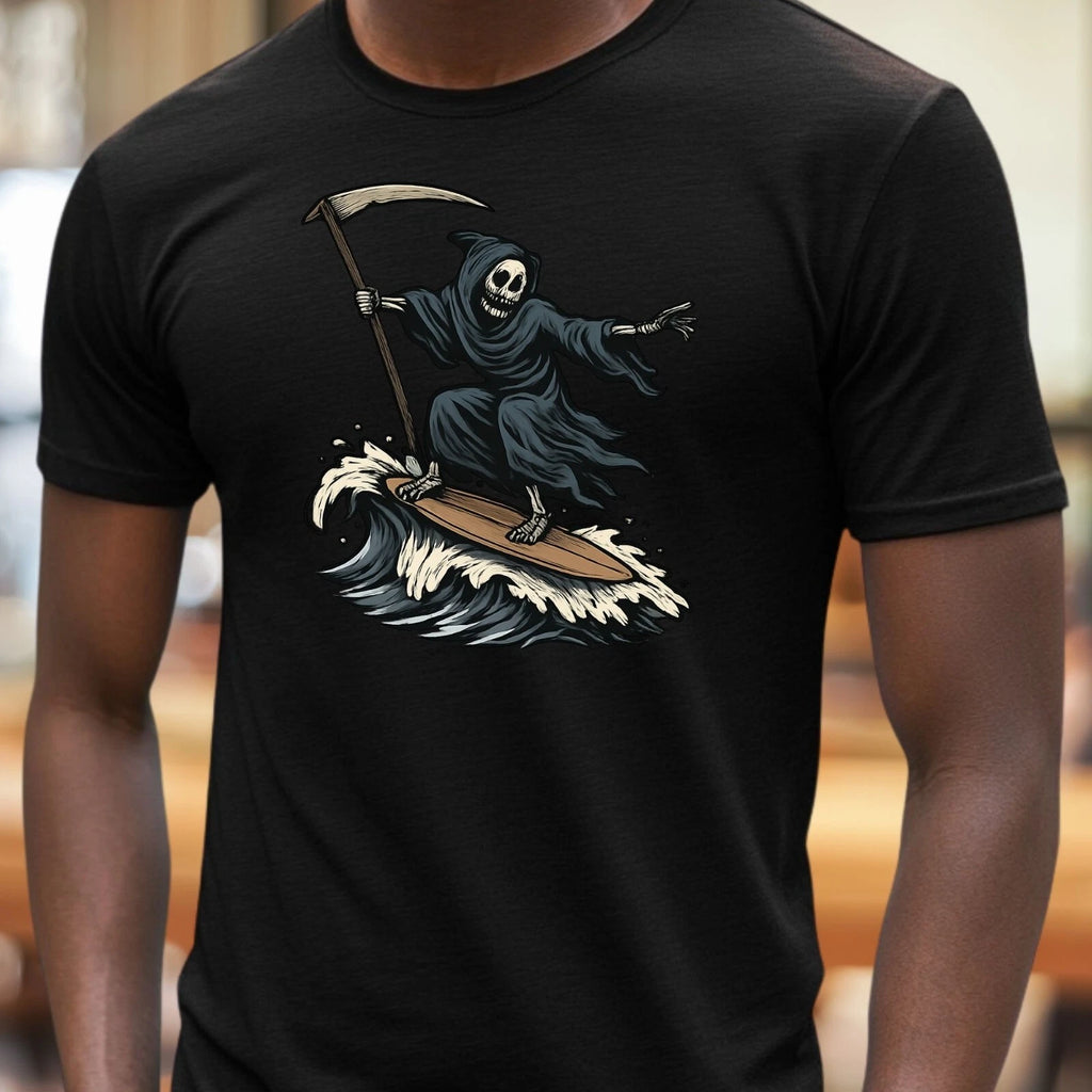 Mens Grim Reaper Surfing Motif Cotton T-Shirt Size XS to 5XL