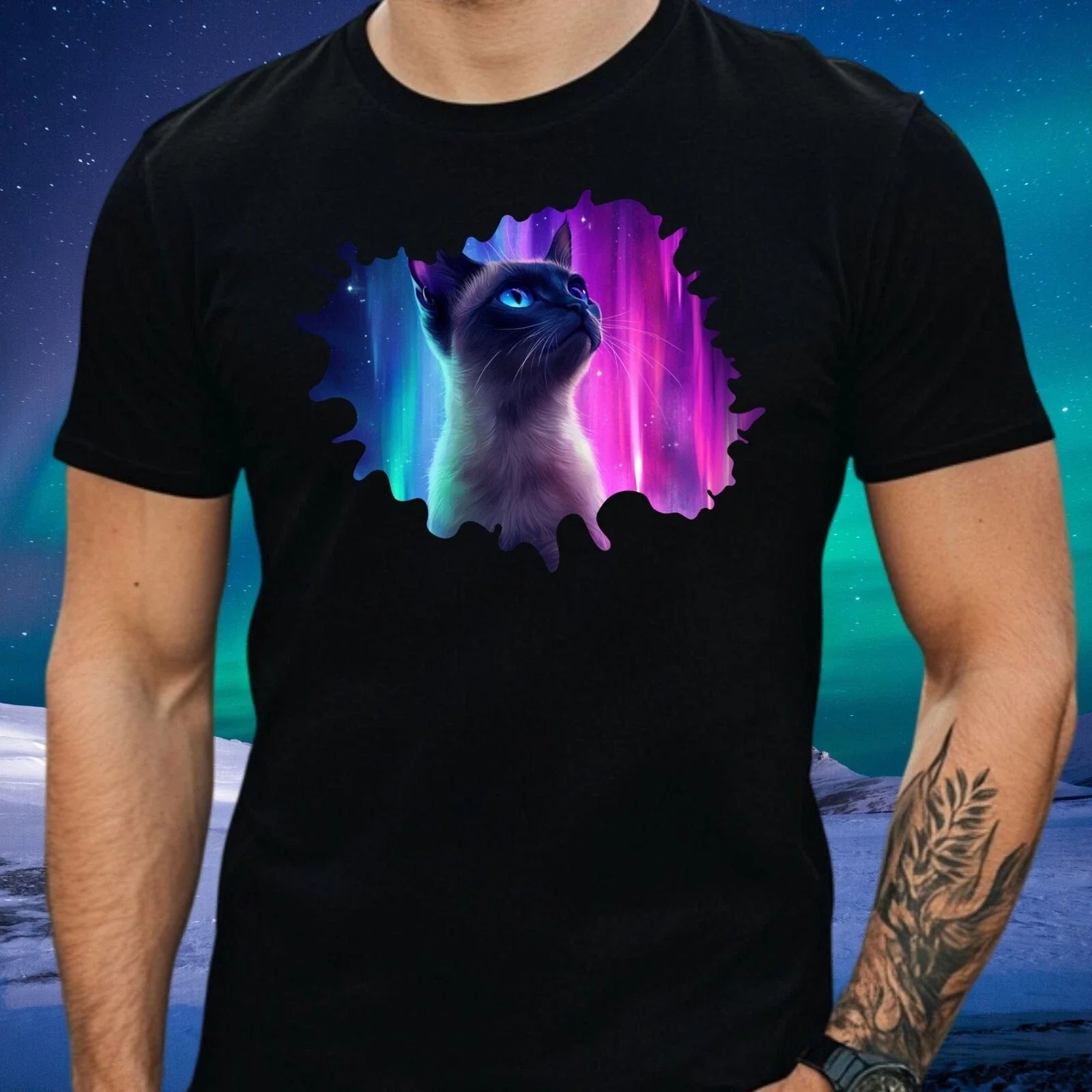 Mens Siamese Cat Northern Lights Print Cotton T-Shirt Size XS to 5XL