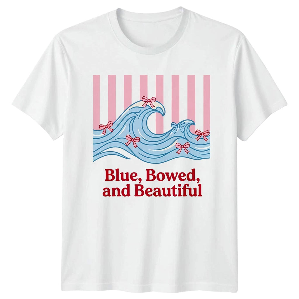Blue Bowed and Beautiful Womens T-Shirt Coquette Aesthetic Beach