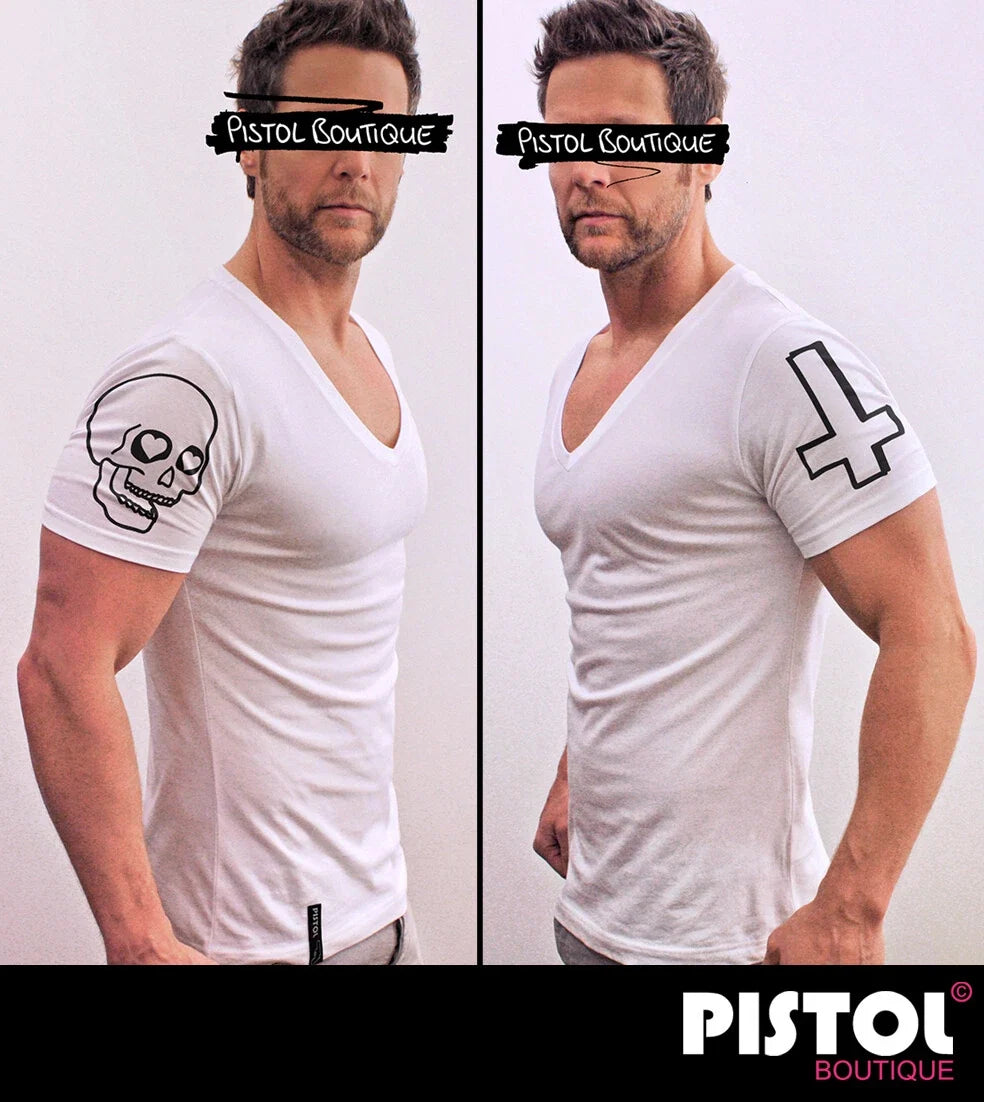 Pistol Boutique Men's T-Shirt Fit White Deep V-Neck T-Shirt DOODLE Skull Cross