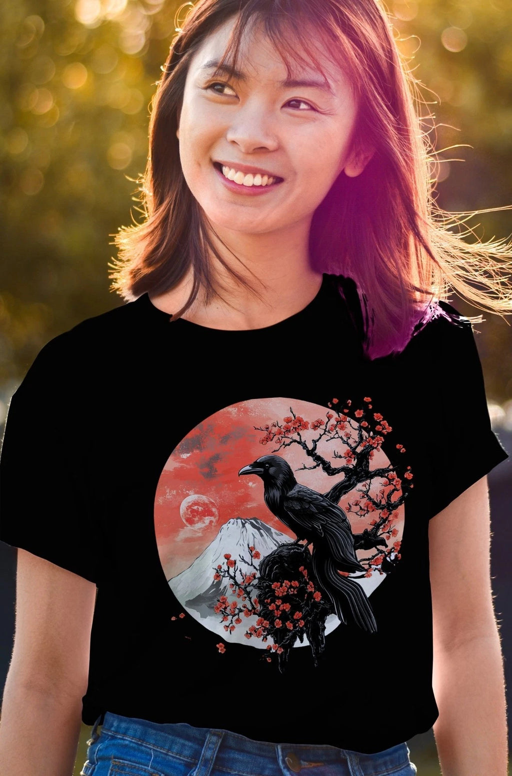 Japanese Cherry Blossom Crow T-Shirt, Raven Aesthetic Graphic Tee, Gothic Japan