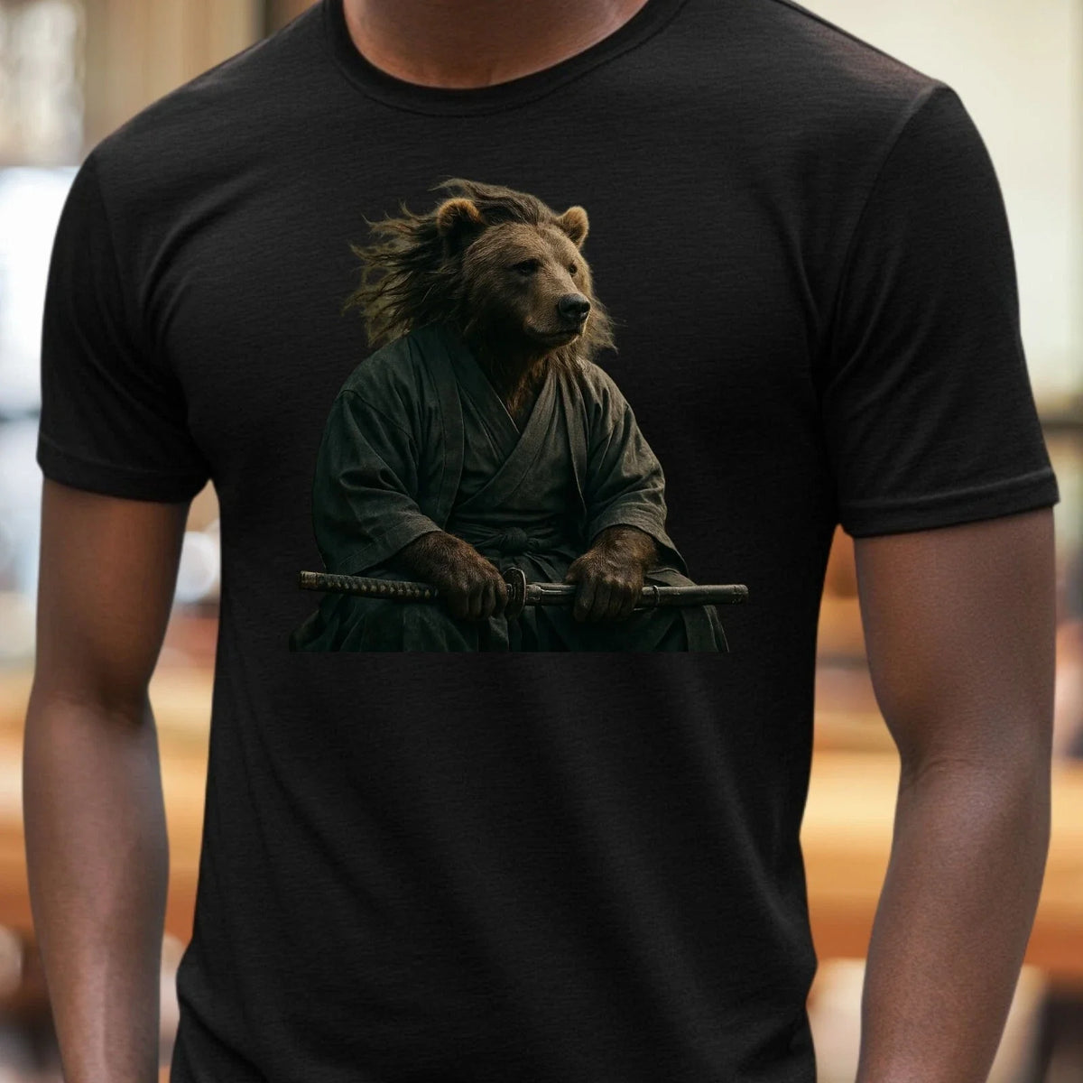 Mens Bear Samurai Motif Cotton T-Shirt Size XS to 5XL