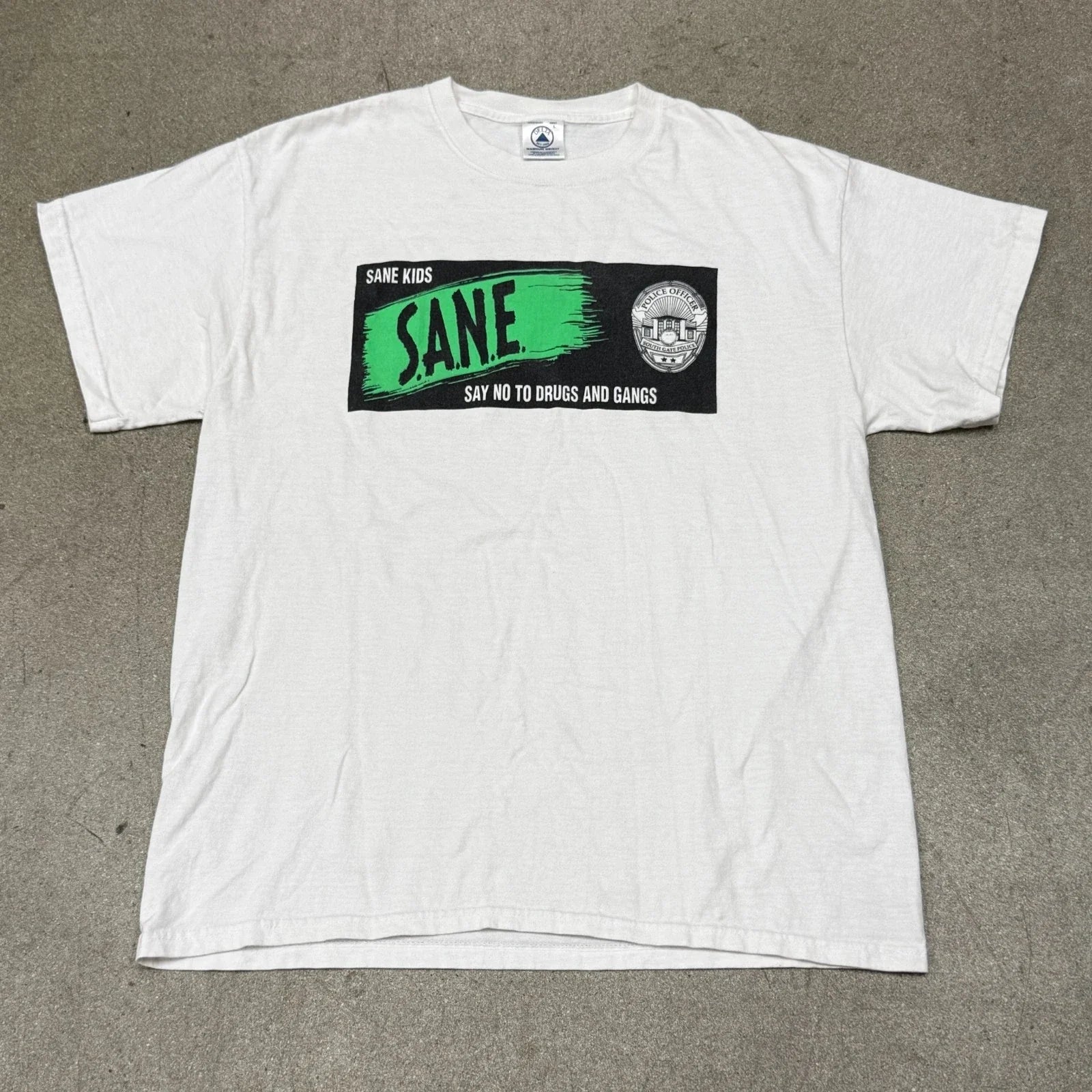 Vintage SANE Drug Awareness T-Shirt Large White LA Police Anti Drug Parody Tee