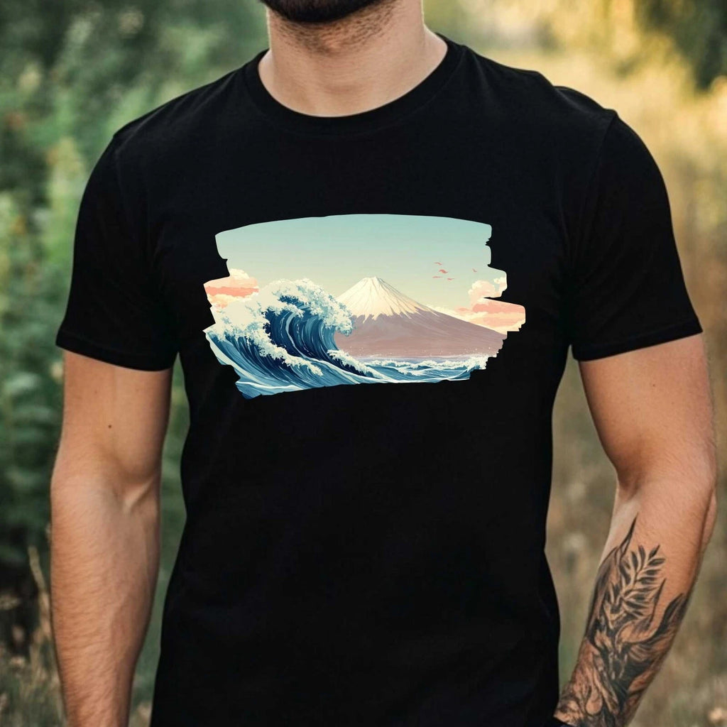 Mens Sea Waves Motif Cotton T-Shirt Size XS to 5XL