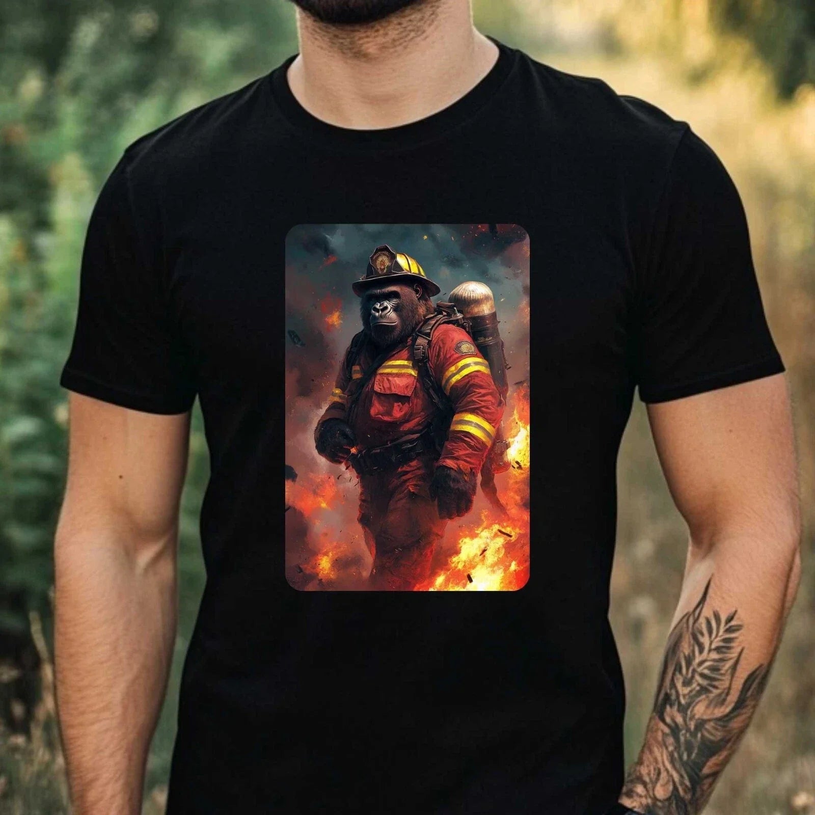 Mens Gorilla as Firefighter Motif Cotton T-Shirt Size XS to 5XL