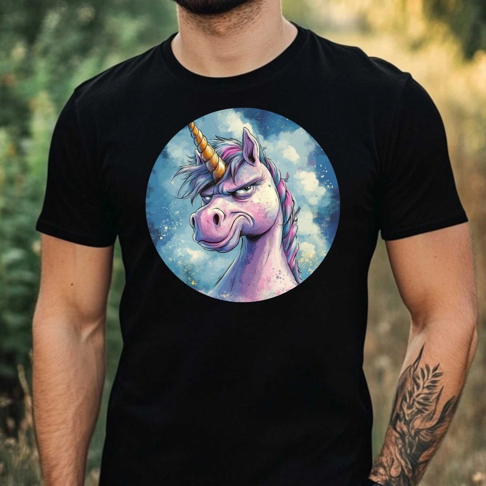 Mens Funny Grumpy Unicorn Print Cotton T-Shirt Size XS to 5XL
