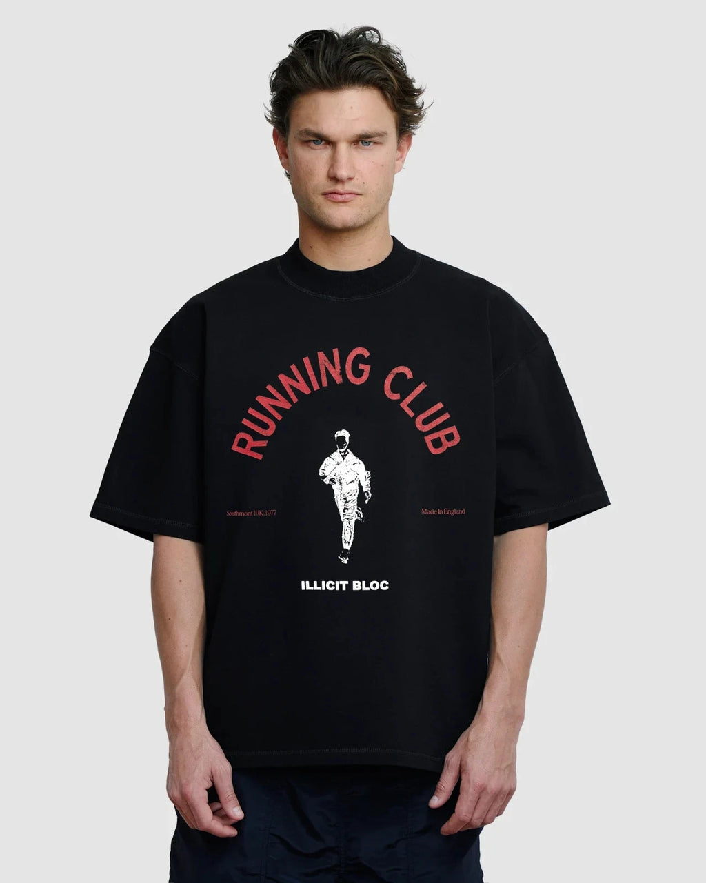 Illicit Bloc Running Club T-Shirt Black 300GSM 100% Cotton Boxy Fit S/M/L/XL/XXL
