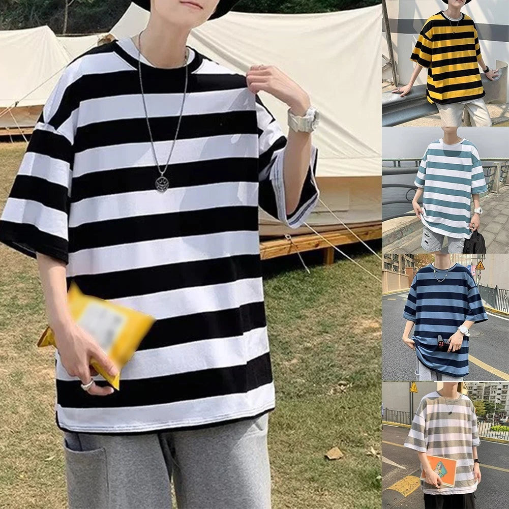 Men's Loose Fit Striped O Neck Short Sleeve Sweatshirt for Casual Wear