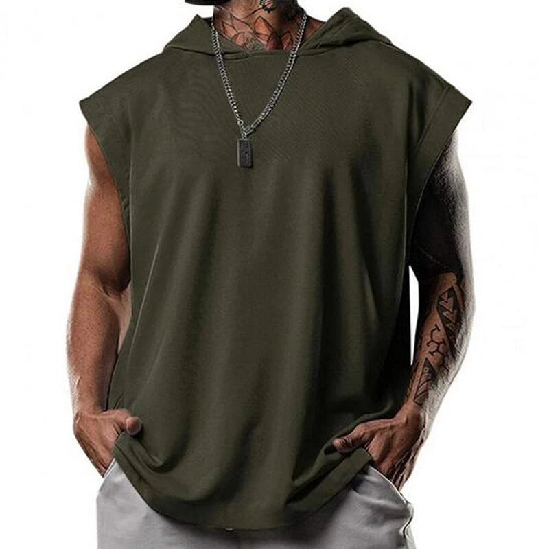 Summer Mens Sleeveless Hoodie T-Shirts Muscle Gym Sport Fitness Hooded Tops Tees