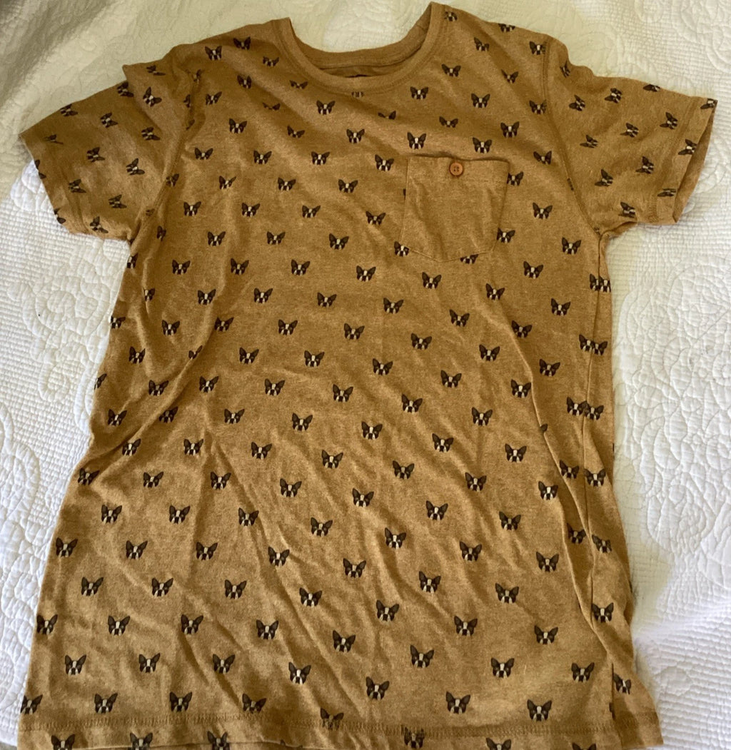 Creative Destruction French Bulldog Mustard Yellow Allover Print Shirt Sz L