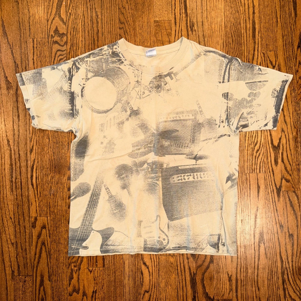 Yazbek Heavyweight All Over Print Music Instrument T-Shirt Size L Tan Distressed