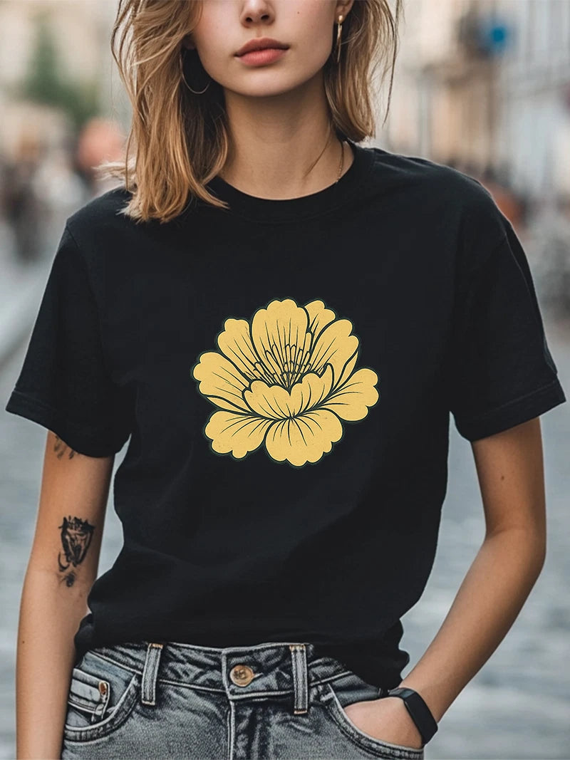 Yellow Floral Graphic T-Shirt Retro Bloom Minimalist Tee Cute Botanical Summer
