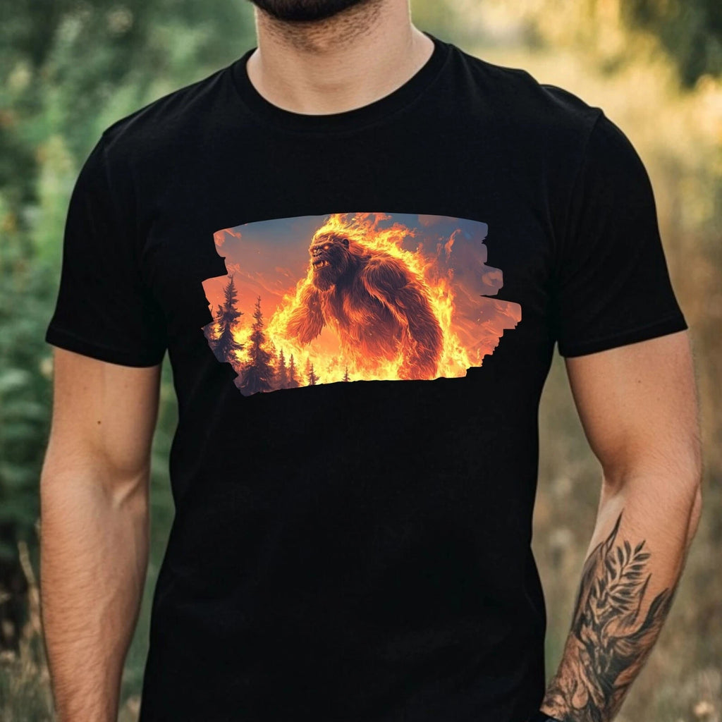 Mens Bigfoot On Fire Motif Cotton T-Shirt Size XS to 5XL