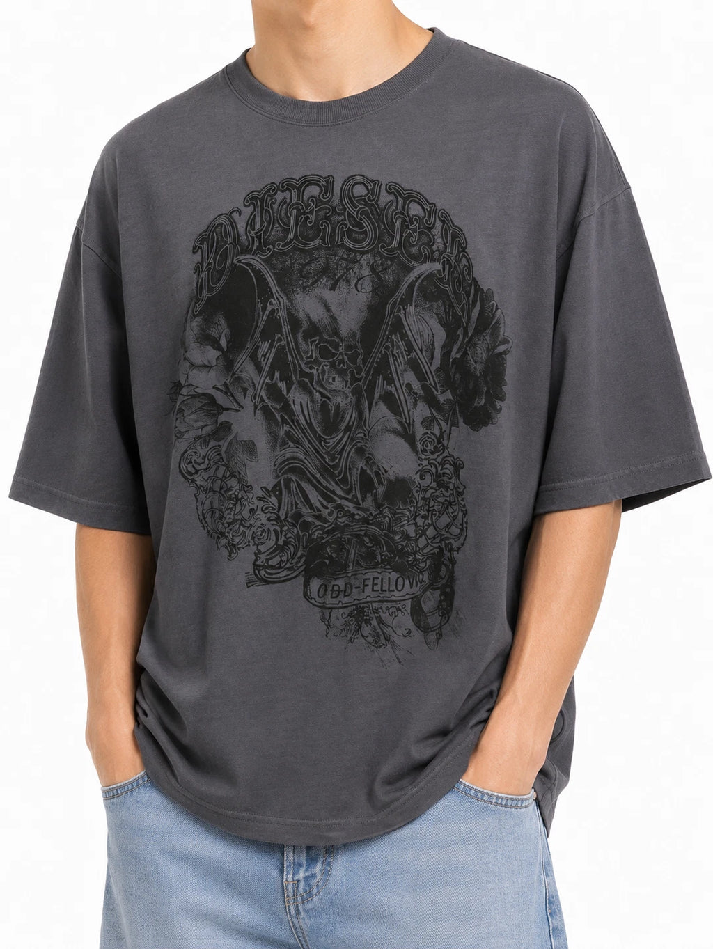DIESEL T-Wash-Q1 Men T-Shirt L Grey Faded Patterned Oversized Short Sleeved