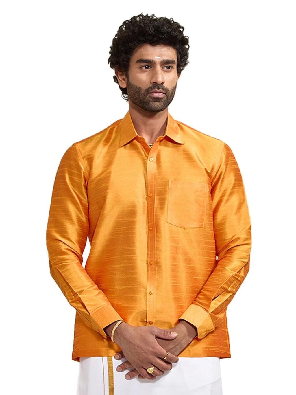 VASTRAMAY Men Orange Cotton Silk Ethnic Shirt (VASMSH002OR_38)