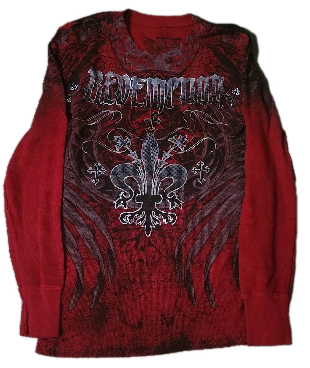 🔥 Vintage Y2K Raw State Redemption Thermal Shirt Cross Wings Mens Medium 27x19