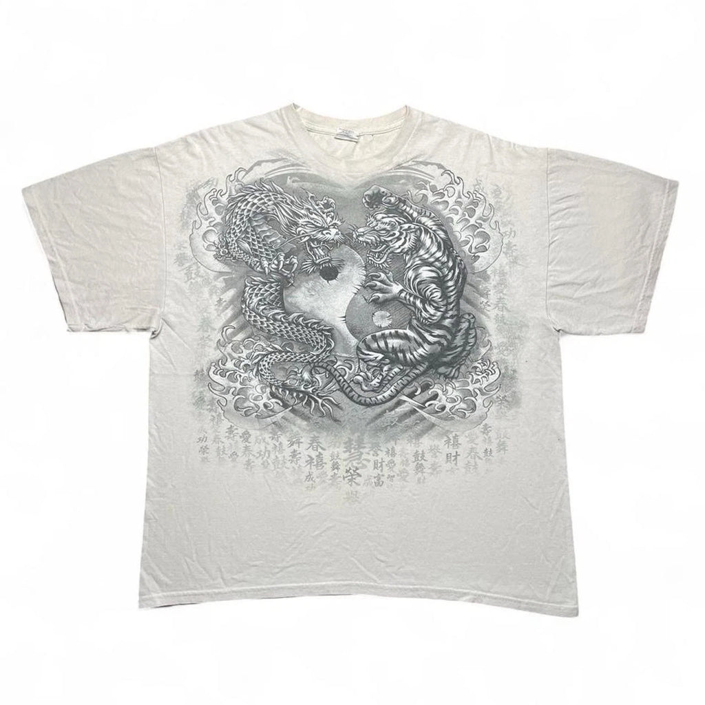 Vintage Y2K Dragon Tiger Yin Yang Flame Graphic T-Shirt XL Grunge Streetwear