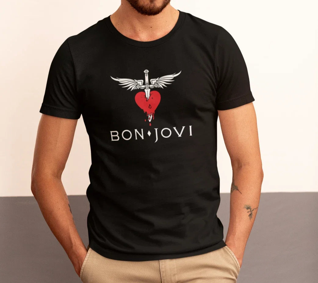 Bon Jovi Red Heart Black T-Shirt I Cotton Short Sleeve I Glam Hard rock gift