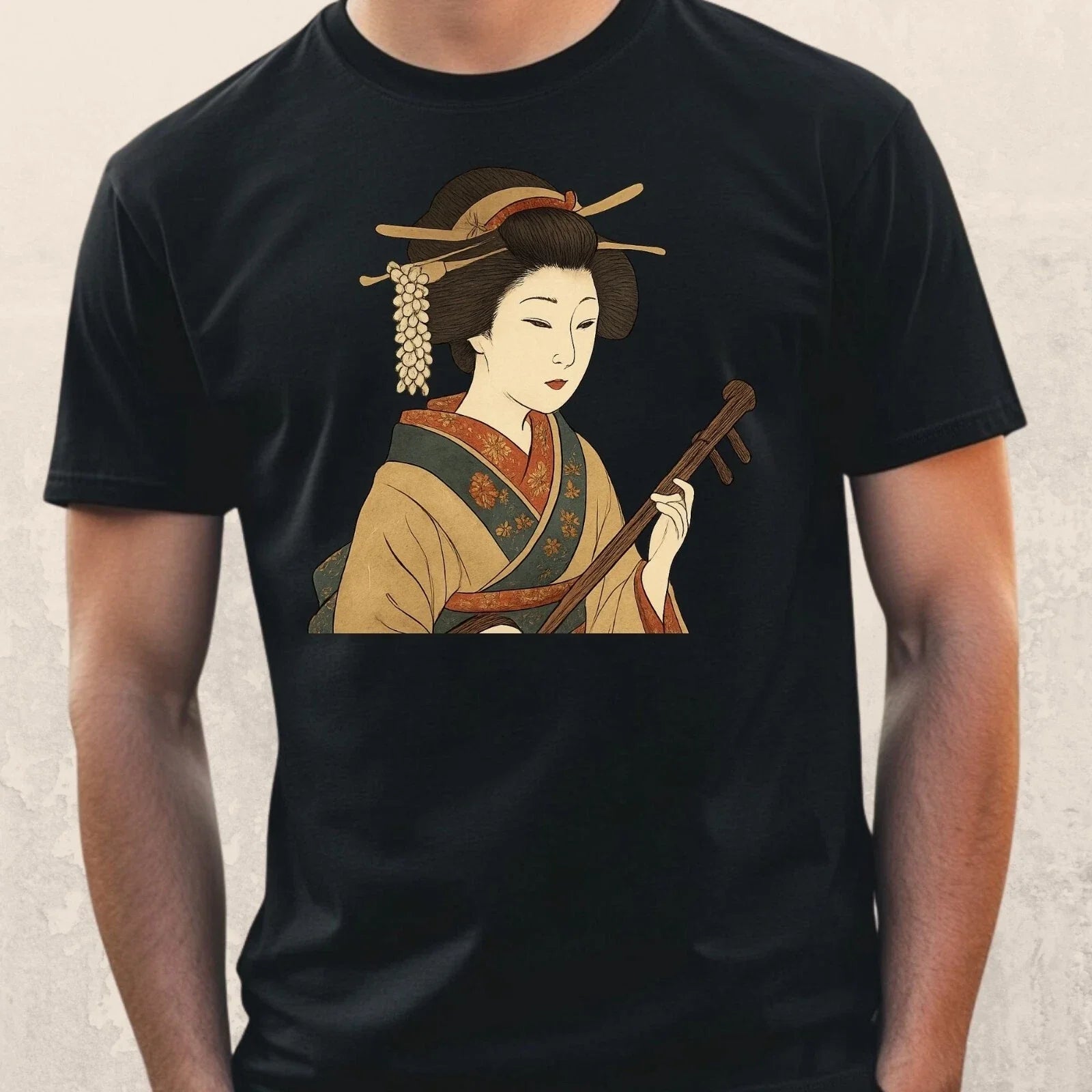 Mens Traditional Geisha Motif Cotton T-Shirt Size XS to 5XL