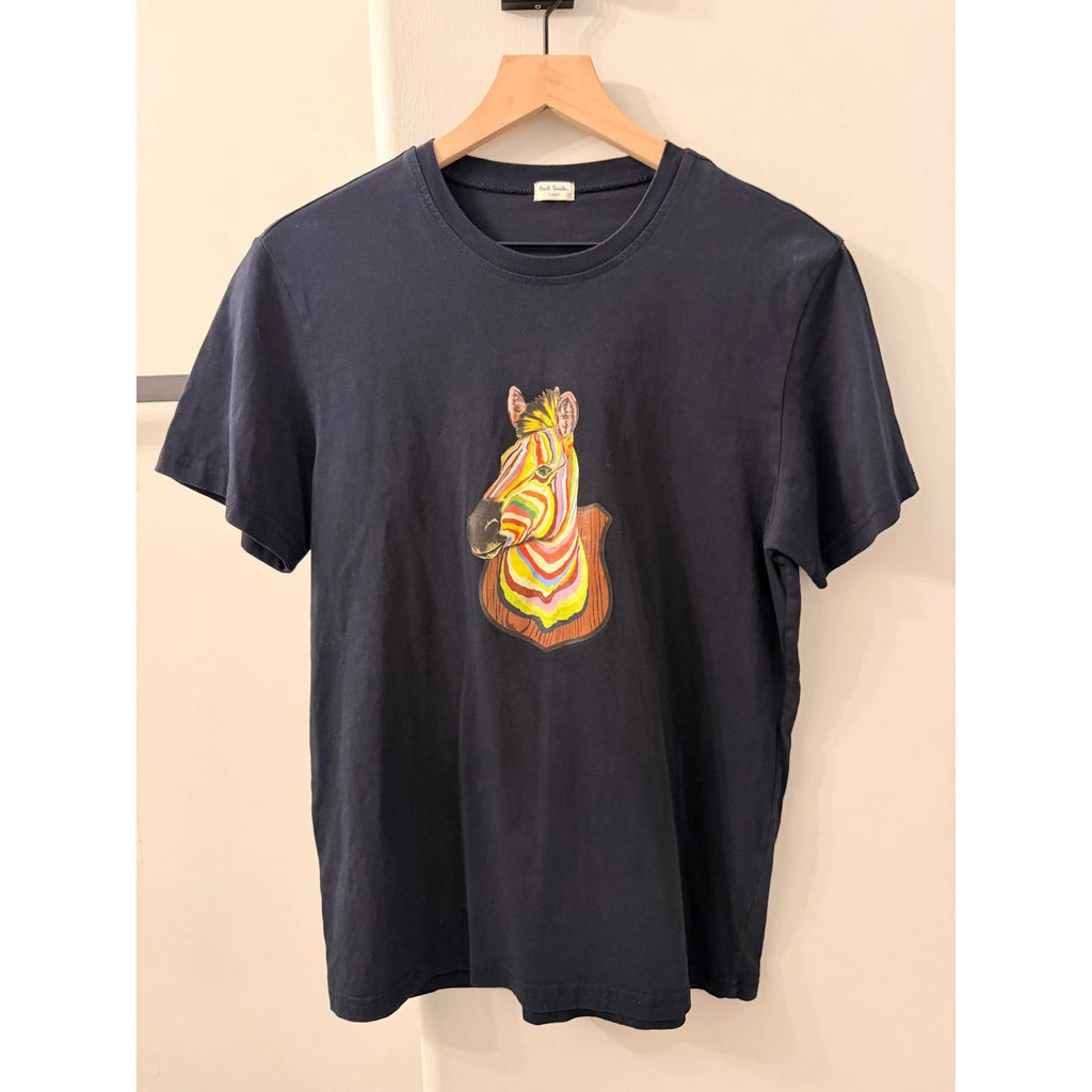 Paul Smith Zebra Graphic Tee Mens Small Navy Blue Rainbow Stripe T-Shirt