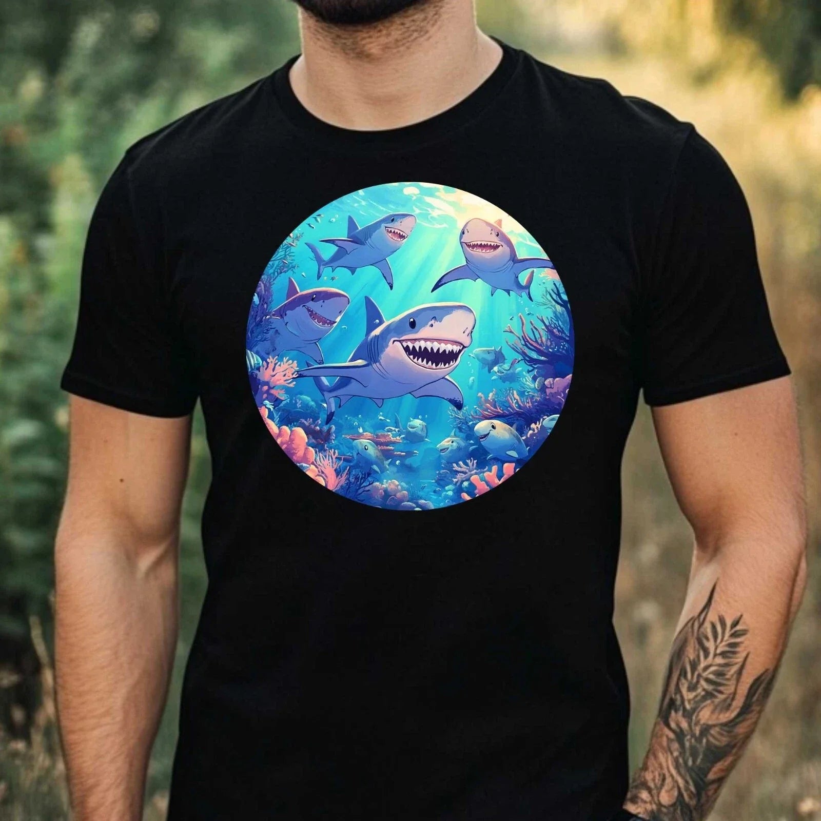 Mens Group Of Sharks Motif Cotton T-Shirt Size XS to 5XL