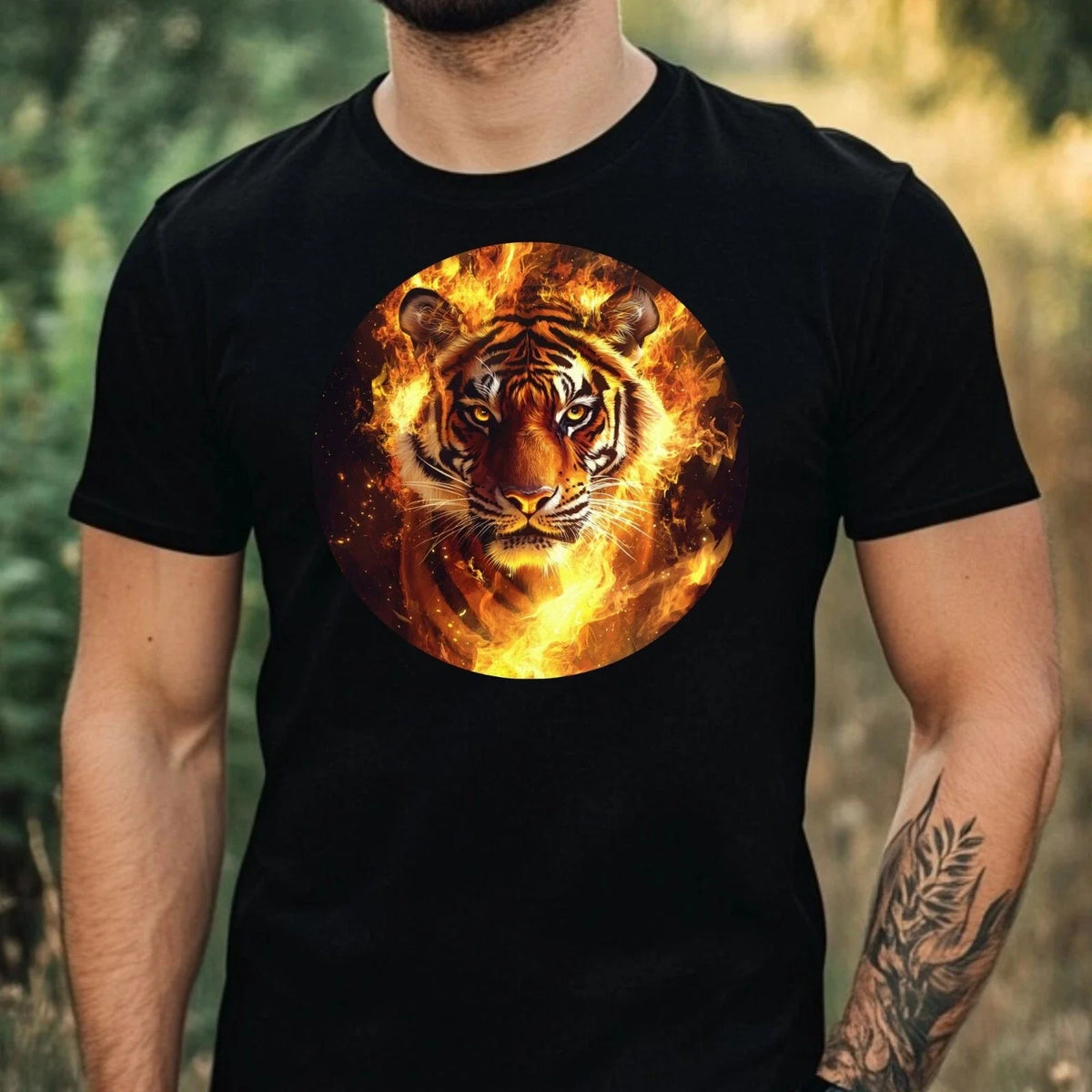 Mens Tiger on Fire Motif Cotton T-Shirt Size XS to 5XL