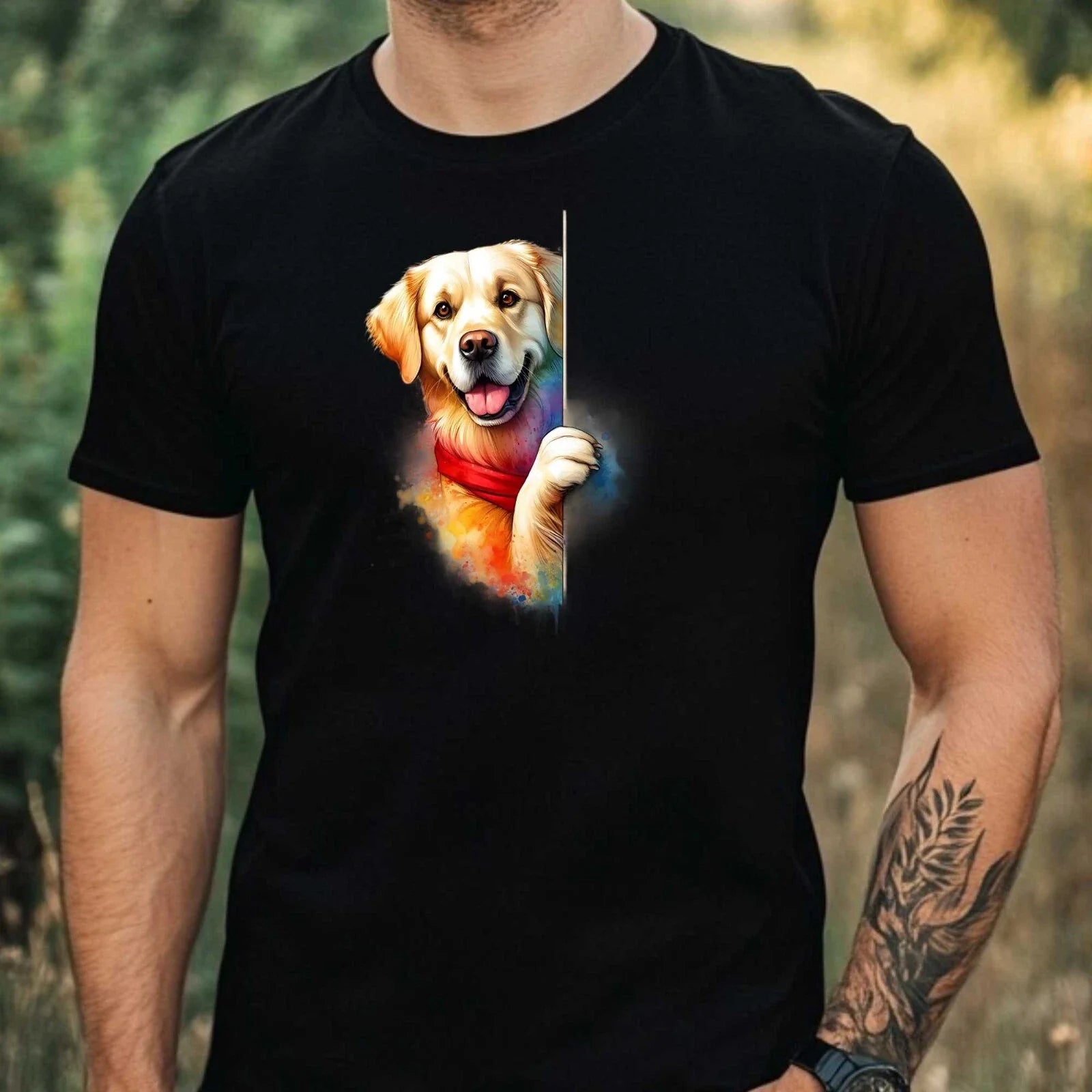 Mens Dog Looking Watercolour Motif Cotton T-Shirt Size XS to 5XL