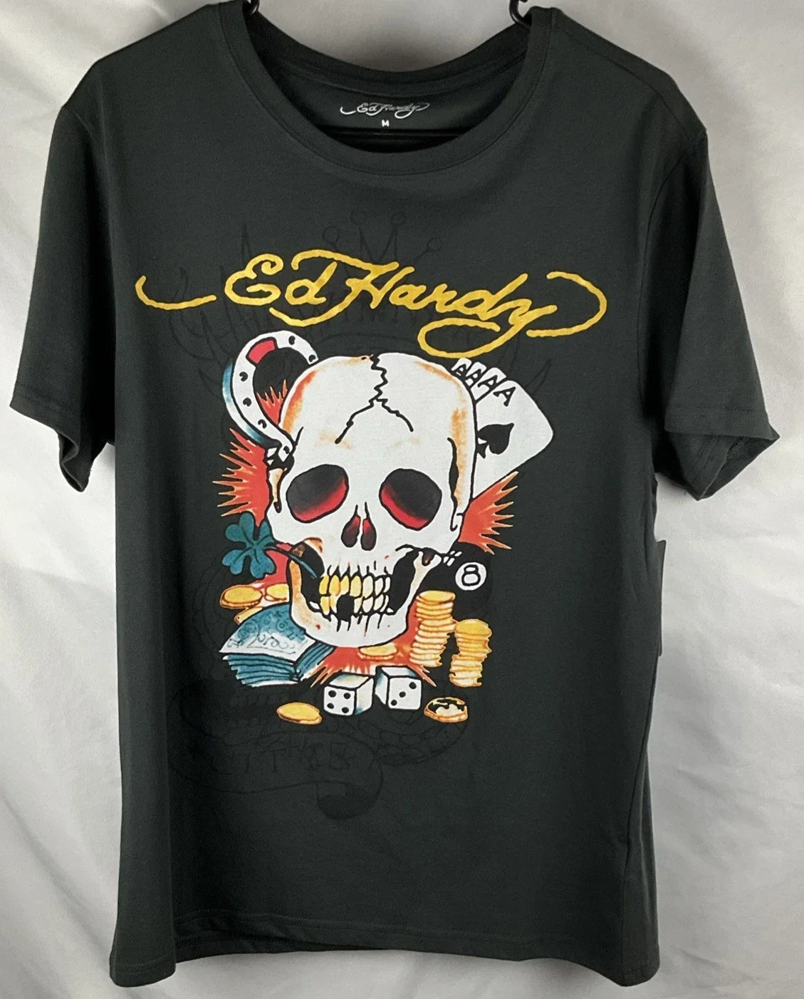 Ed Hardy Skull Casino Graphic T Shirt Mens Charcoal Medium Y2K Tattoo Dice Money